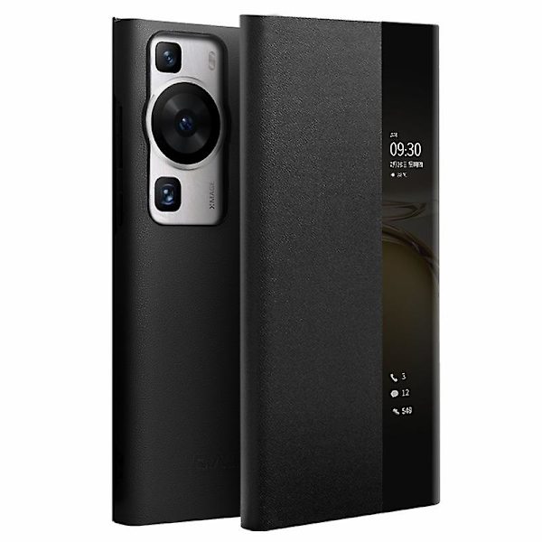 Qialino för Huawei P60 / P60 Pro Phone case i äkta koläder Smart Sleep Wake-up View Window Cover Black