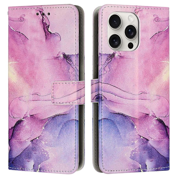 iPhone 16 Pro Max -puhelimen marmorikuvioinen PU-nahkainen suojakotelo jalustalla ja rannehihnalla Multicolor Purple