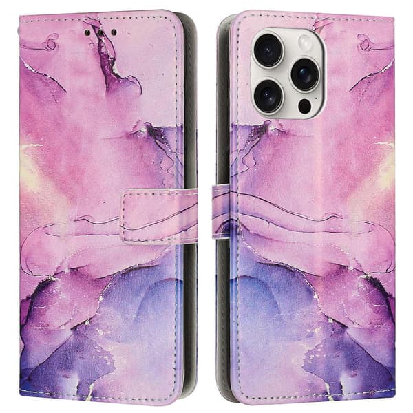 Stand Case til iPhone 16 Pro Max med marmormønster, PU-læderpung og håndledsrem Multicolor Purple