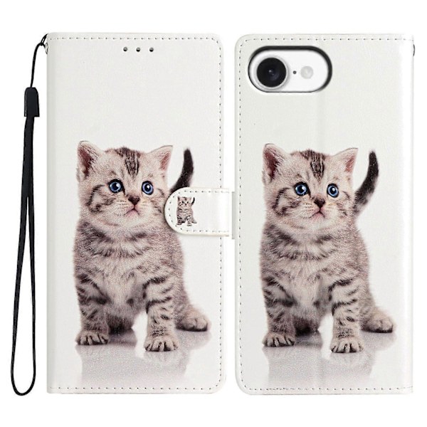 Plånboksfodral för iPhone 16e PU Läder Mönstertryck Ställ Telefonskydd med Rem Multicolor Cute Cat