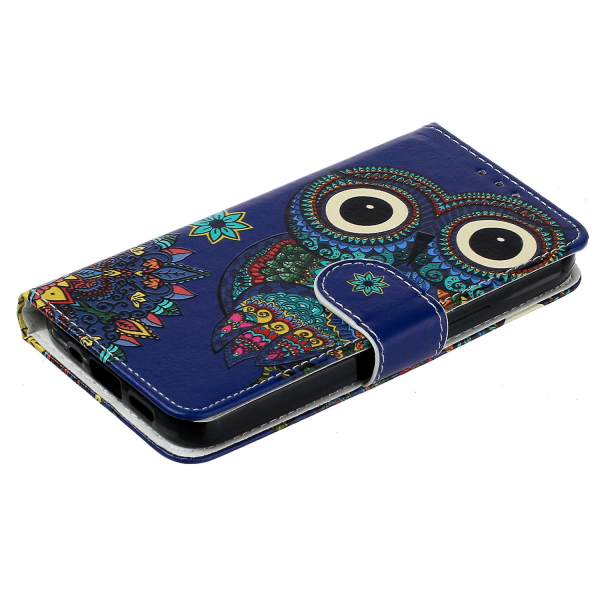 Mönsterutskrift Läderplånbok phone case för Iphone 15, fallsäkert cover Blue Owl