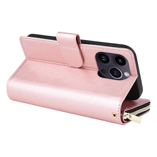 Til iPhone 15 Pro Max Telefon Stand Case Shell Lynlåslomme TPU+PU Læder Kort Slots Pung Multicolor Rose Gold