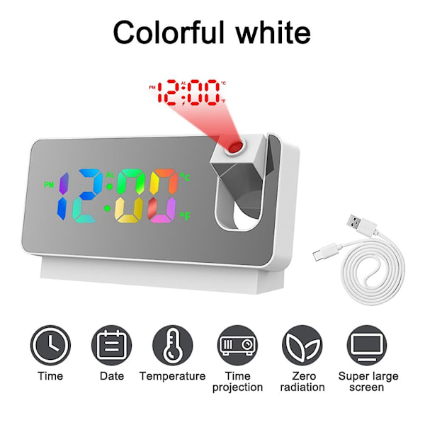 180° kääntyvä projisointikello makuuhuoneeseen, LED-värikäs digitaalinen projisointi kattoon, USB-liitäntä White