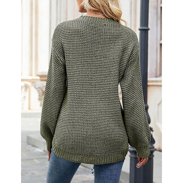 Dam 2023 Höst Casual Höst Våffelstickad tröja Lång ballongärmad lös tröja Army Green X-Large