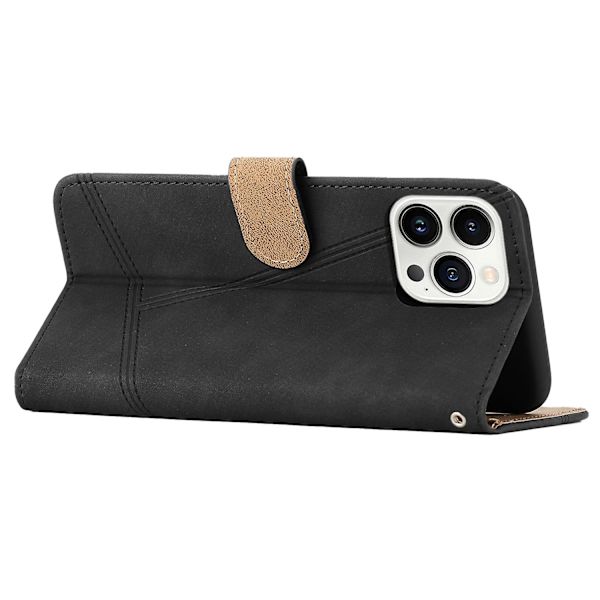 Retro PU læder wallet cover til Iphone 15 Pro - Hudvenlige linjer præget telefoncover med stativ Black