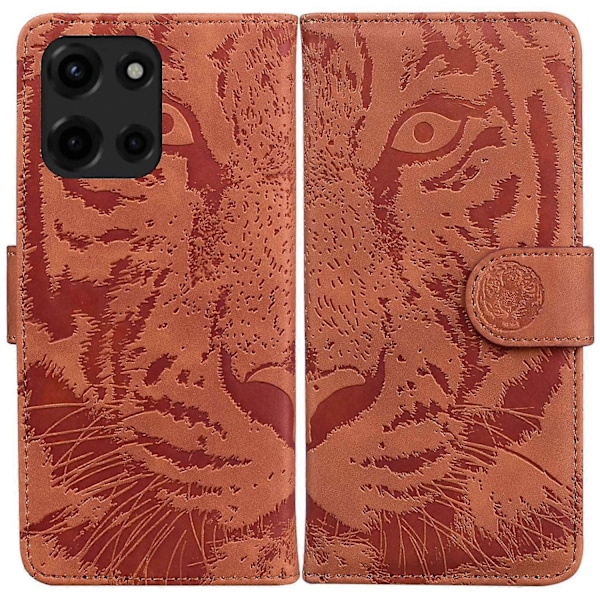 Til Motorola Moto G Power (2025) Etui Tiger Præget Læder Wallet Telefon Cover Multicolor Brown
