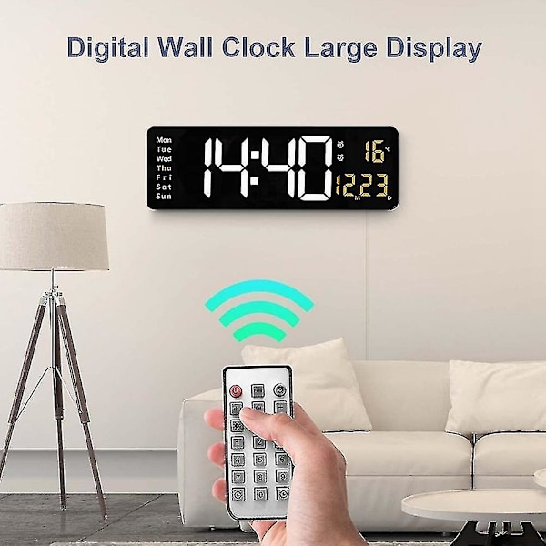 Väggmonterad digital väggklocka Fjärrkontroll Temp Datum Vecka Visning Av Minnesbord Klockalarm