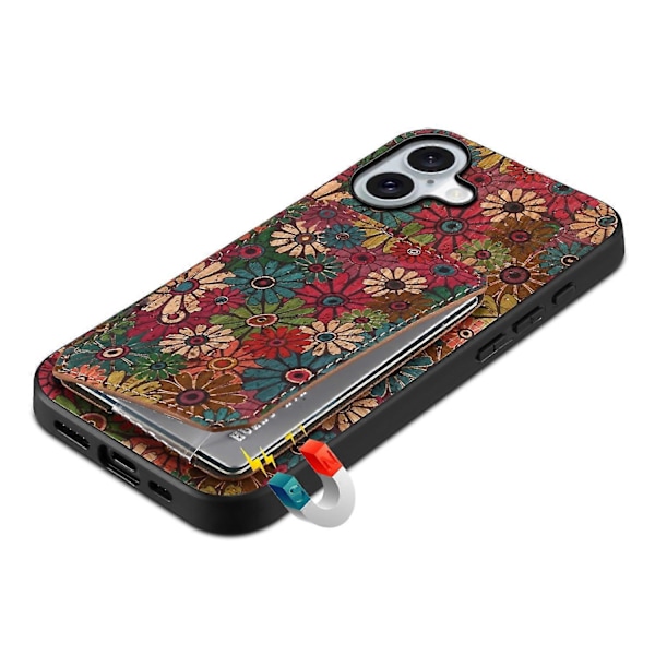 Til iPhone 16 Etui med Kortholder Blomsterdesign Læder Telefon Cover Støttefod Multicolor Style A