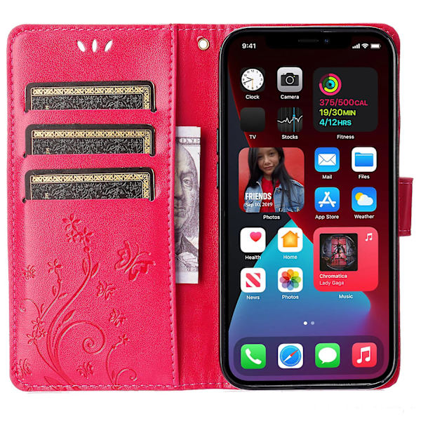 För Iphone 15 Imprinted Butterflies Mobiltelefon Stand Case Pu Läder Plånboksskal med rem Red