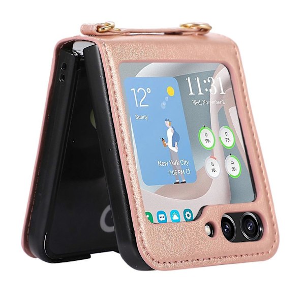 För Samsung Galaxy Z Flip5 5G PU Läder PC Telefonfodral Skyddande Skal med Axelrem Multicolor Style C