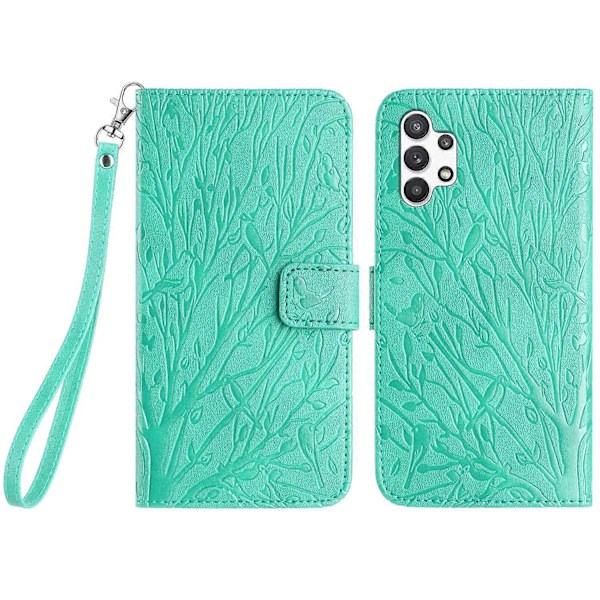 Til Samsung Galaxy A32 4G (EU Version) Etui Træ Fugl Prægning Læder Wallet Stand Cover Multicolor Style B