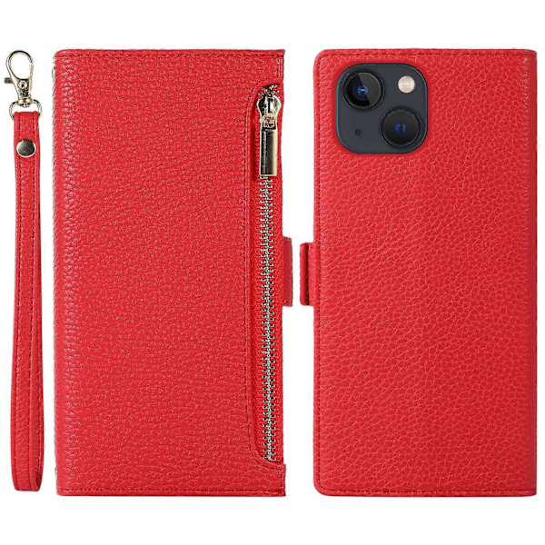 Fodral till iPhone 15 Plus med dragkedjeficka, PU-läder med litchistruktur och rem Multicolor Style F