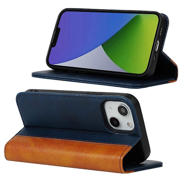 iPhone 15 Plus PU-nahkainen puhelinkotelo, kaksivärinen liitos, naarmuuntumaton, jalustallinen lompakkokotelo Multicolor Style A