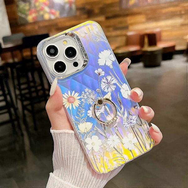 Blommig Lasertextur Skal för iPhone 15 Pro Max med Ringstativ Multicolor Style E