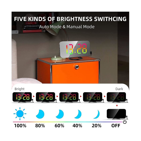Rgb digital väckarklocka för sovrum, 6,5 tums HD och spegelskärm med 4 Rgb växlande färg och 7 R White