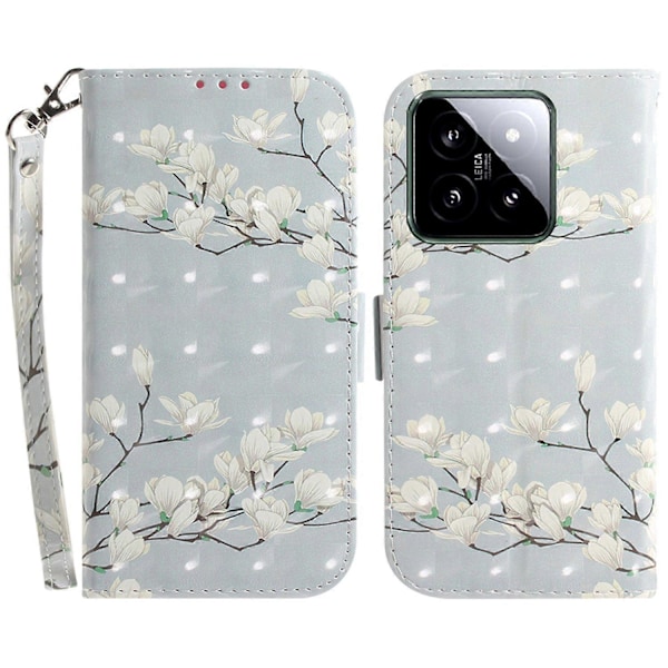 Til Xiaomi 14 Etui 3D Mønster Læder Anti-ridse Telefon Wallet Cover Multicolor Magnolia