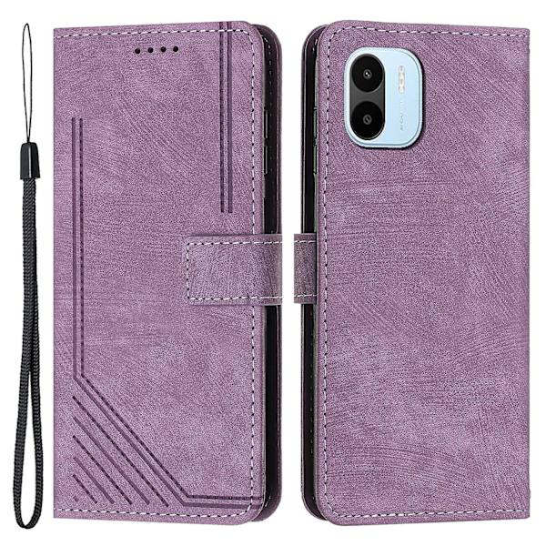 För Xiaomi Redmi A1 4g / A2 4g Skin-touch läder phone case linjer med tryckt stativ Cover Purple