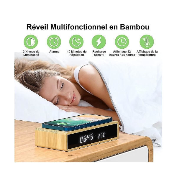 Digital, med trådløs opladningsfunktion, Digital C, LED, temperatur/12/24 timer/dæmpbar