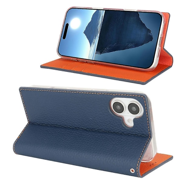 Læder Wallet Case til iPhone 16 Plus med Litchi Tekstur Multicolor Style B