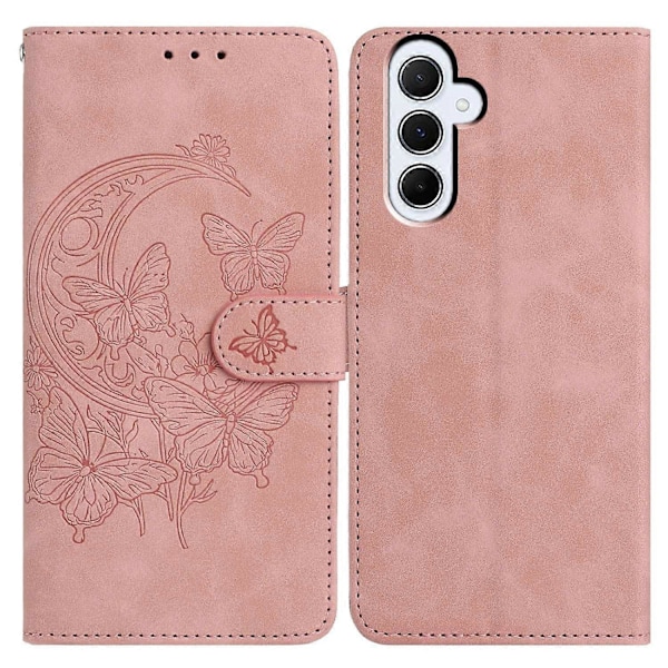 For Samsung Galaxy A55 5G Etui Sommerfugl Blomst Præget PU Læder Wallet Stand Telefon Cover Multicolor Rose Gold
