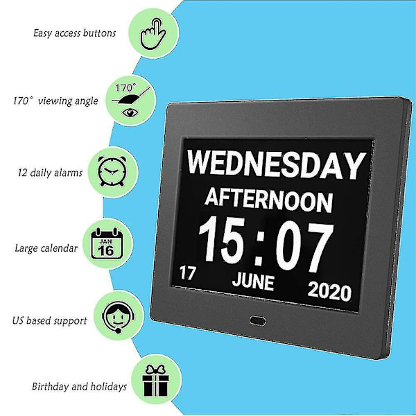 Digital kalenderväckare Dagklocka med 8" stor skärm, Am Pm, 5 väckarklockor, demensklockor Led elektronisk skrivbordskalender Äldre väckarklocka Perpet Black