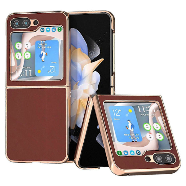 Til Samsung Galaxy Z Flip5 5G Silky Series Elektropletteret Telefon Cover Ægte Ko Læder+PC Cover Multicolor Style B