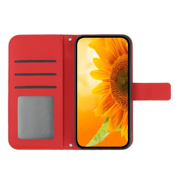 För Samsung Galaxy A22 5g (eu-version) Ht04 Imprinted Sunflower Pu Läder Smartphone Cover Stand Drop-proof Skin-touch case med axel Red