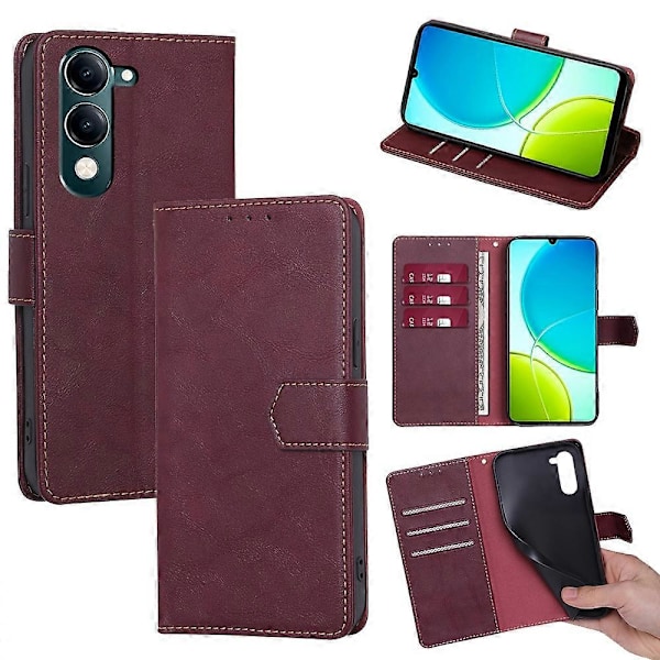 Vivo Y29s 5G / Y04 4G -kotelo, nahkainen puhelinkotelo RFID-suojatulla lompakolla Multicolor Wine Red