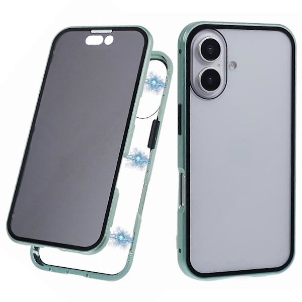 iPhone 16 Plus -puhelimen suojakotelo, jossa on magneettinen metallikehys ja kaksipuolinen karkaistu lasi, suojaa uteliailta katseilta- Multicolor Green