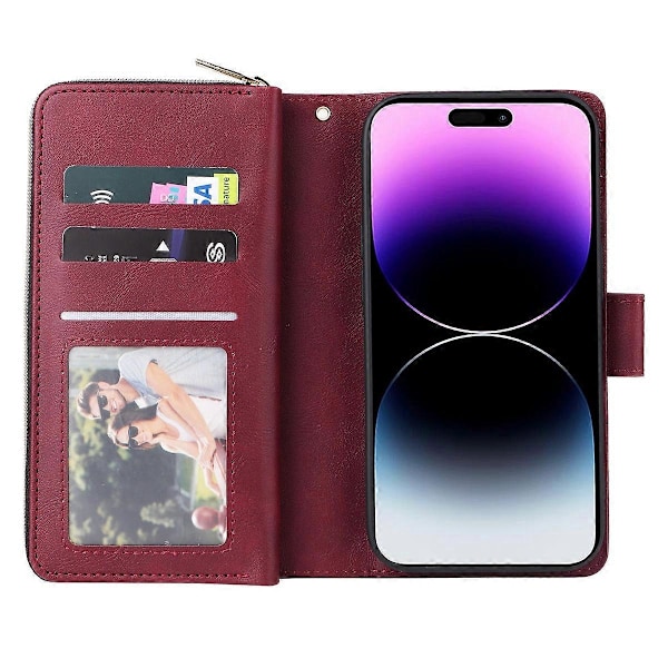 Til iPhone 15 Pro Max Telefon Stand Case Shell Lynlåslomme TPU+PU Læder Kort Slots Pung Multicolor Wine Red