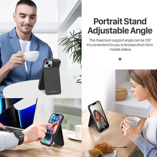 För Iphone 15 Plus korthållare Kickstand Rfid Blocking Magnetic Cover Läder+pc+tpu Phone case