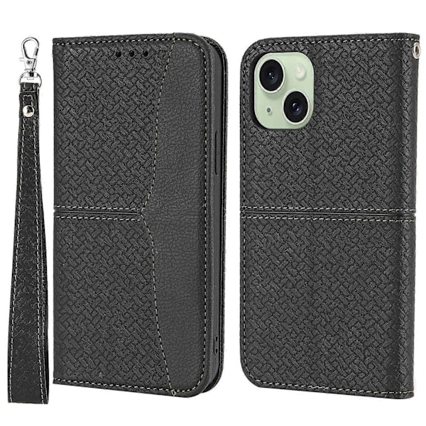 För iPhone 15 Plus Fodral Splitsad PU Läder Ställ Plånboksfodral med Rem Multicolor Style F