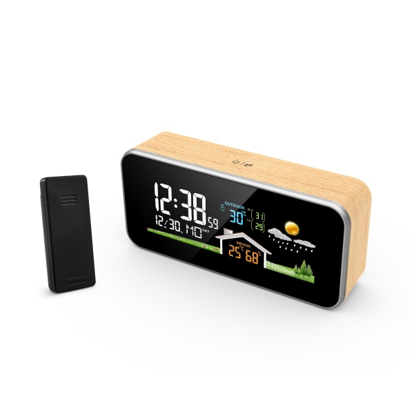 Fanju Trä Väderstation Väckarklocka Inomhus Utomhus Digital Termometer Hygrometer Trådlös LCD-skärm Väderprognos