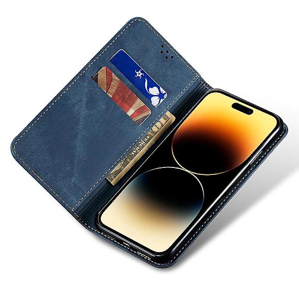För Iphone 15 Pro Pu Läder Phone case Jeans Tyg Texture Plånboksställ anti-scratch Cover Blue