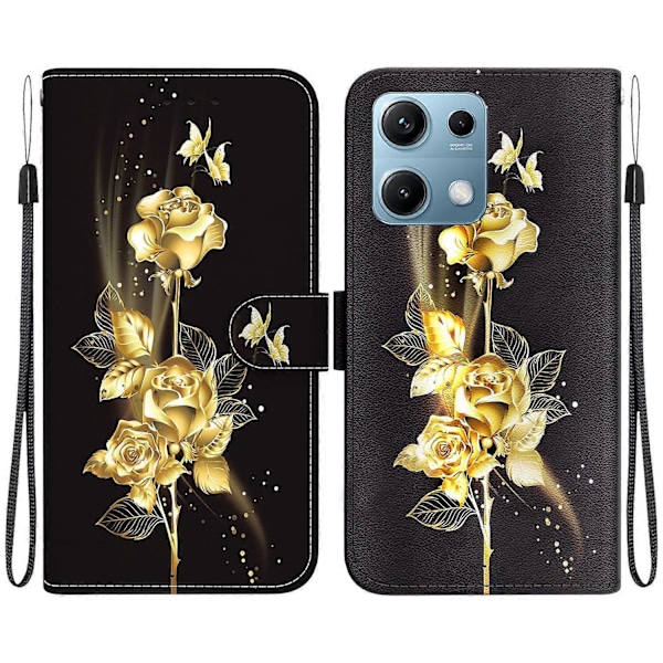 Plånboksfodral för Xiaomi Redmi Note 14S 4G, Anti-Drop Läder Flip Cover med Mönstertryck Multicolor Gold Butterfly Rose