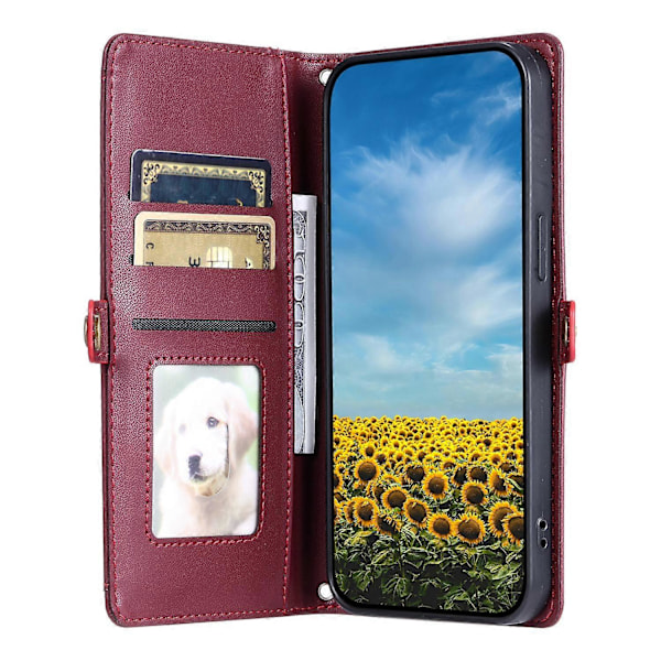 Læderetui med håndledsrem, pung og stativ til Motorola Edge 60 5G/ 60 Fusion 5G Multicolor Wine Red