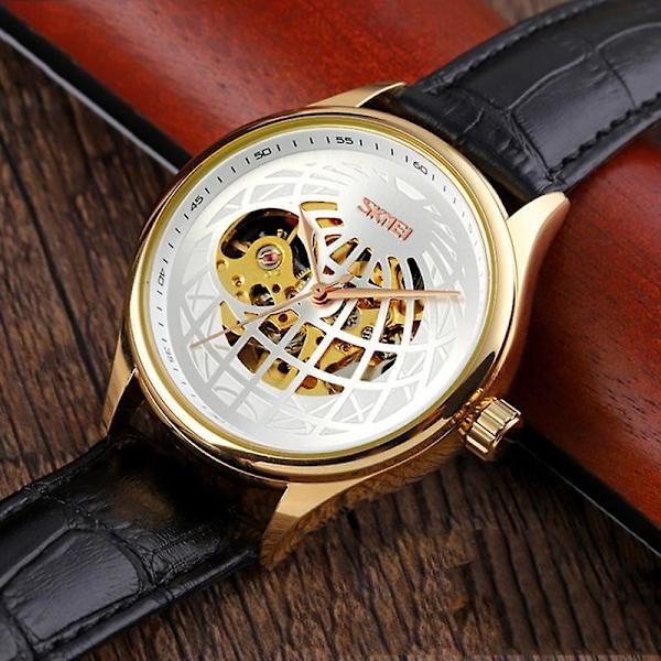 Skmei 9209 Men Business Automatisk Mekanisk Watch Rund Hollow Dial Läder Watchband Watch Golden Gold