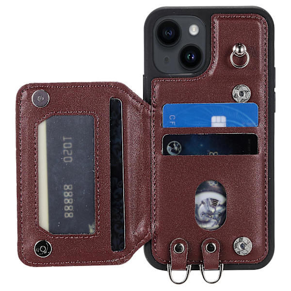 För Iphone 15 Plus Rfid Blockering Stötsäkert case Anti-drop Pu+tpu telefonskal med remmar Wine Red