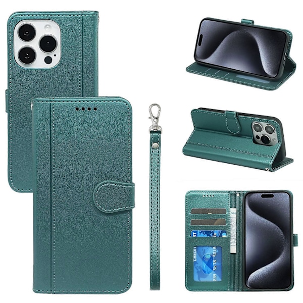Til iPhone 16 Pro Wallet Case Magnetisk Lukning Læder Telefon Cover med Rem- Multicolor Green