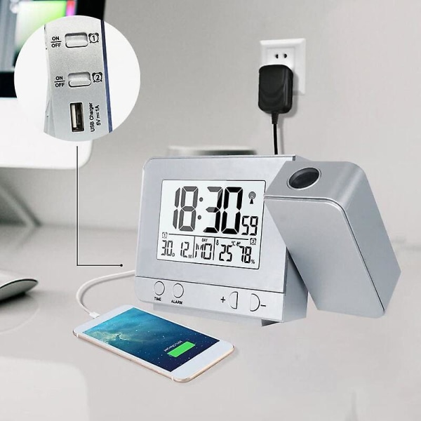 Digital Projektions Vækkeur til Soveværelser, Stort Loftprojektions Vækkeur med USB-Port, Batteri Backup, 180° Projektor, LED Display, Sølv
