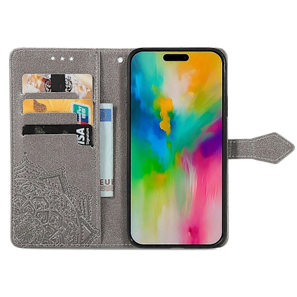 Til iPhone 16 Pro Max Wallet Case Mandala Blomst Læder Telefon Cover Stativ View-Grøn Multicolor Grey