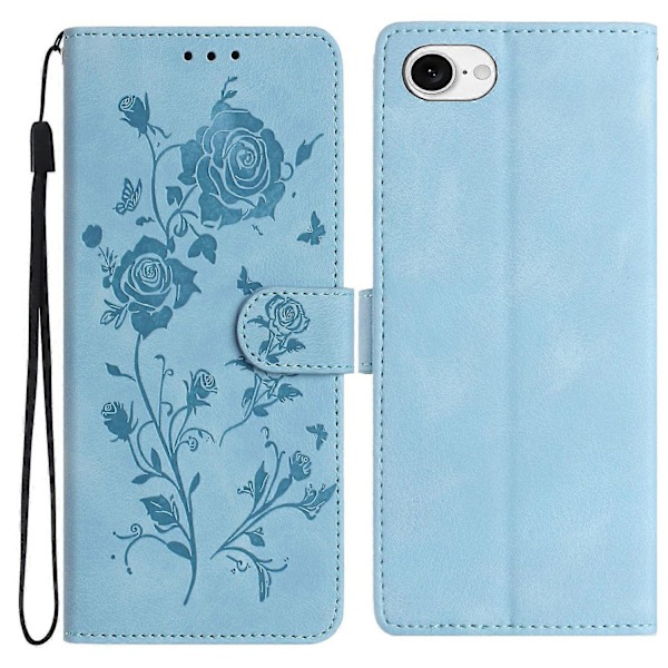 Plånboksfodral för iPhone 16e Rosmönster Präglat Läder Flip Ställ Telefonskal Multicolor Sky Blue