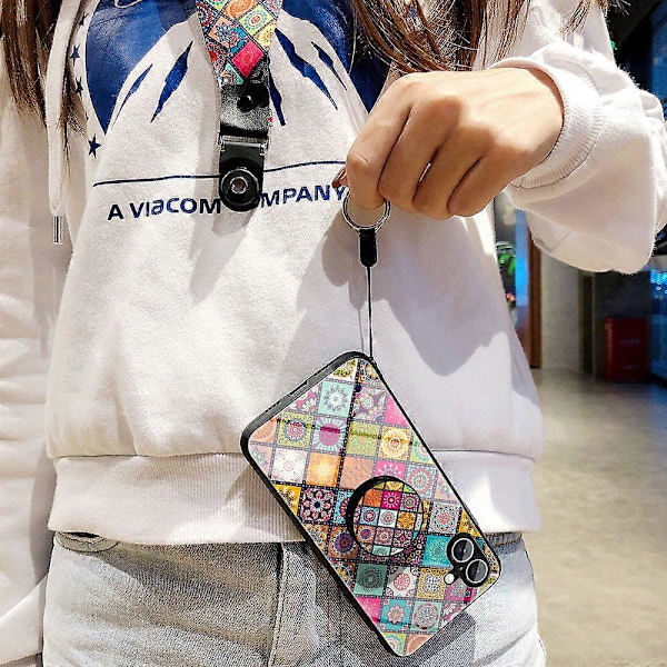 Skal till iPhone 16 Plus med Stöd Etniskt Mönster Härdat Glas Telefonskydd med Rem Multicolor Color Pattern