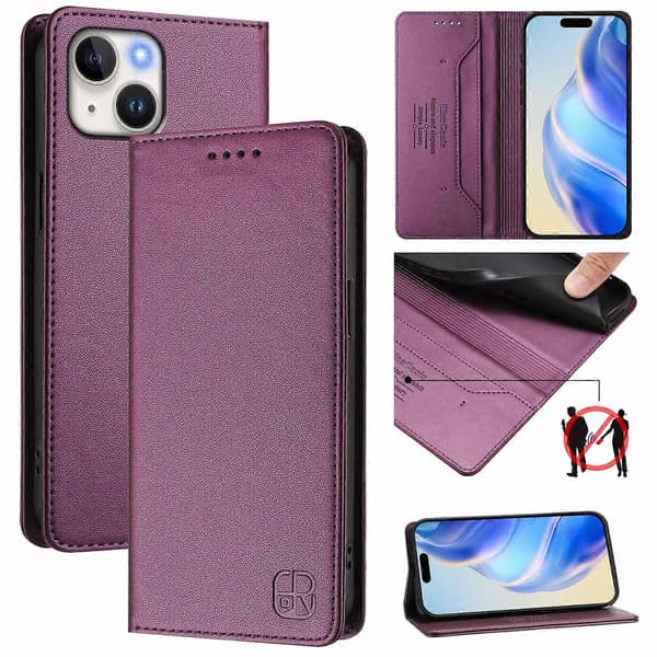 Läderfodral till iPhone 15 RINACASIS RC01 Mobilskal med RFID-skydd Plånboksställ Multicolor Violet