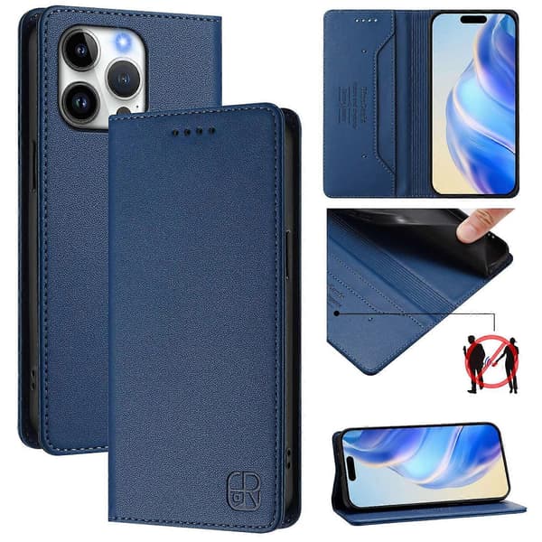 För iPhone 16 Pro Max Läderfodral RINACASIS RC01 Mobilskal med RFID-skydd Plånboksställ Multicolor Dark Blue