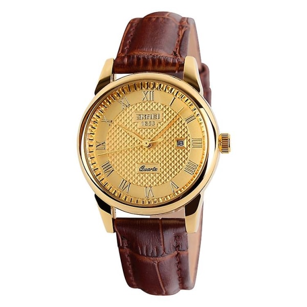 Skmei Outdoor Waterproof Quartz Watch Gold Face Brown Strap