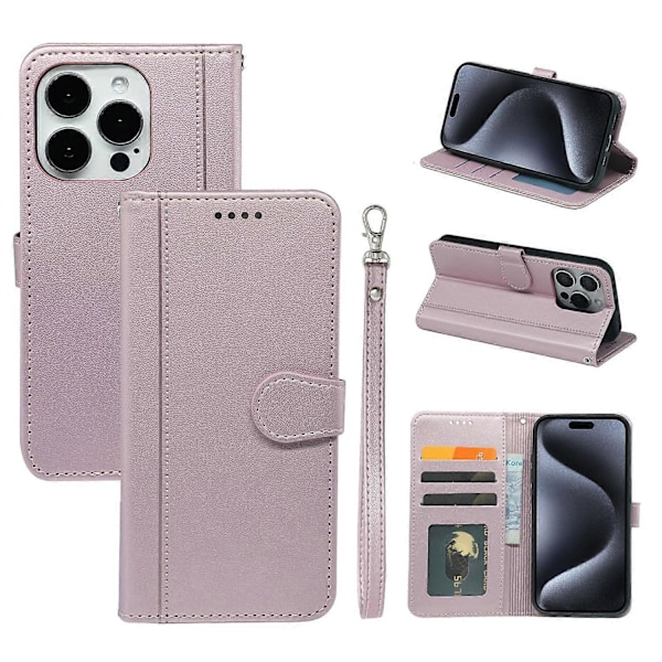 Til iPhone 16 Pro Max Wallet Case Magnetisk Lukning Læder Telefon Cover med Rem - Grøn Multicolor Rose Gold