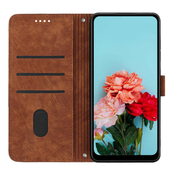 För Xiaomi Redmi A1 4g / A2 4g Skin-touch läder phone case linjer med tryckt stativ Cover Brown