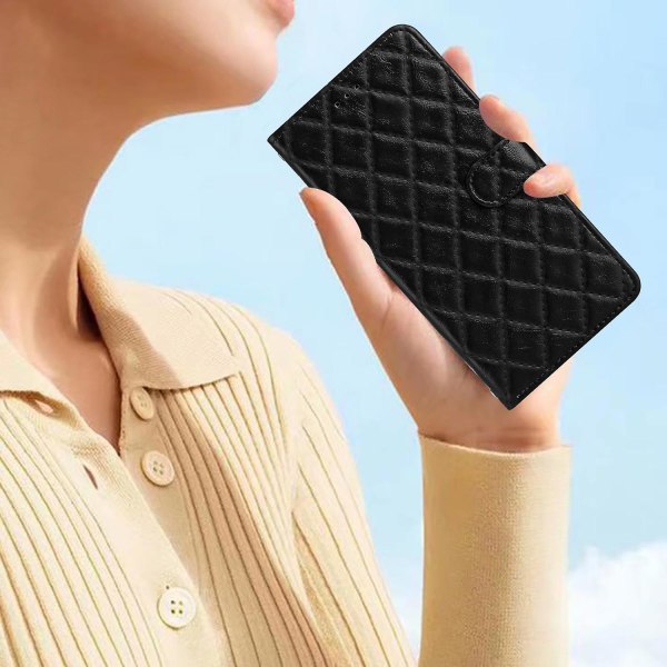Rhombus Stitching Line Shell För Iphone 15, läderfodral Case Cover Black