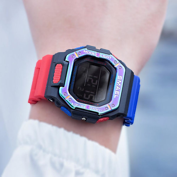 Smael Märke Män Sport Klockor Digital Led Klocka Vattentät Auto Date Military Army Green Square Armbandsur 8059 gummirem Black Colorful